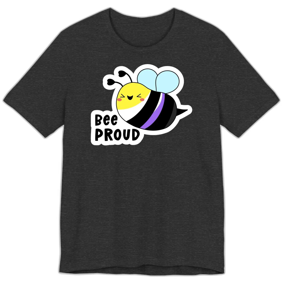 Cartoon bee with yellow head, purple-striped black body, and blue wings smiling happily with text 'BEE PROUD' below in Dark Grey Heather