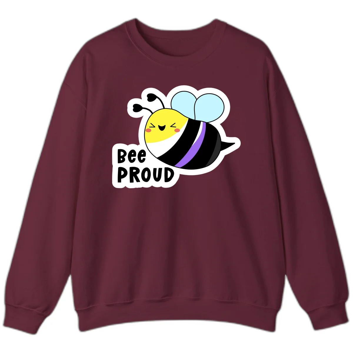 Cartoon bee with yellow head, purple-striped black body, and blue wings smiling happily with text 'BEE PROUD' below in Maroon
