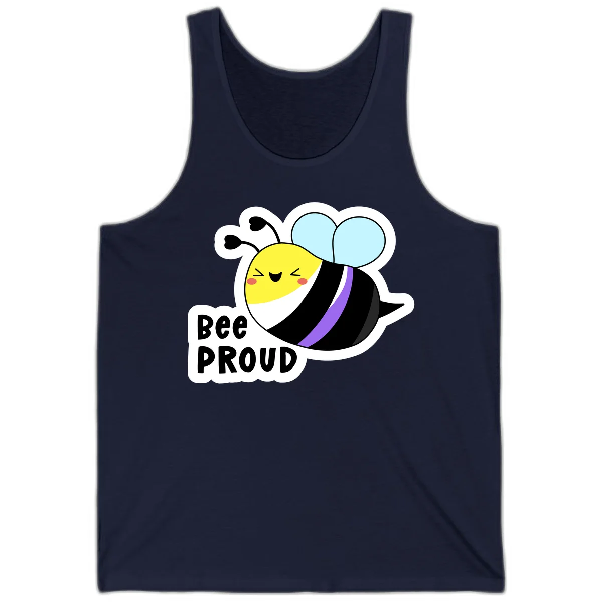 Cartoon bee with yellow head, purple-striped black body, and blue wings smiling happily with text 'BEE PROUD' below in Navy