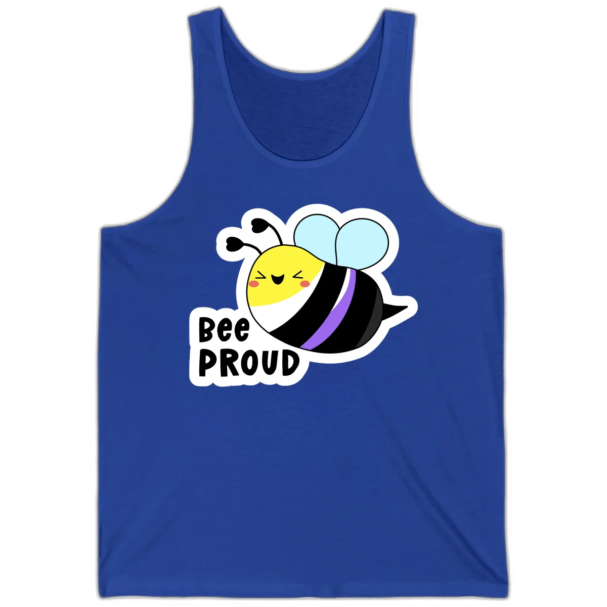 Cartoon bee with yellow head, purple-striped black body, and blue wings smiling happily with text 'BEE PROUD' below in True Royal