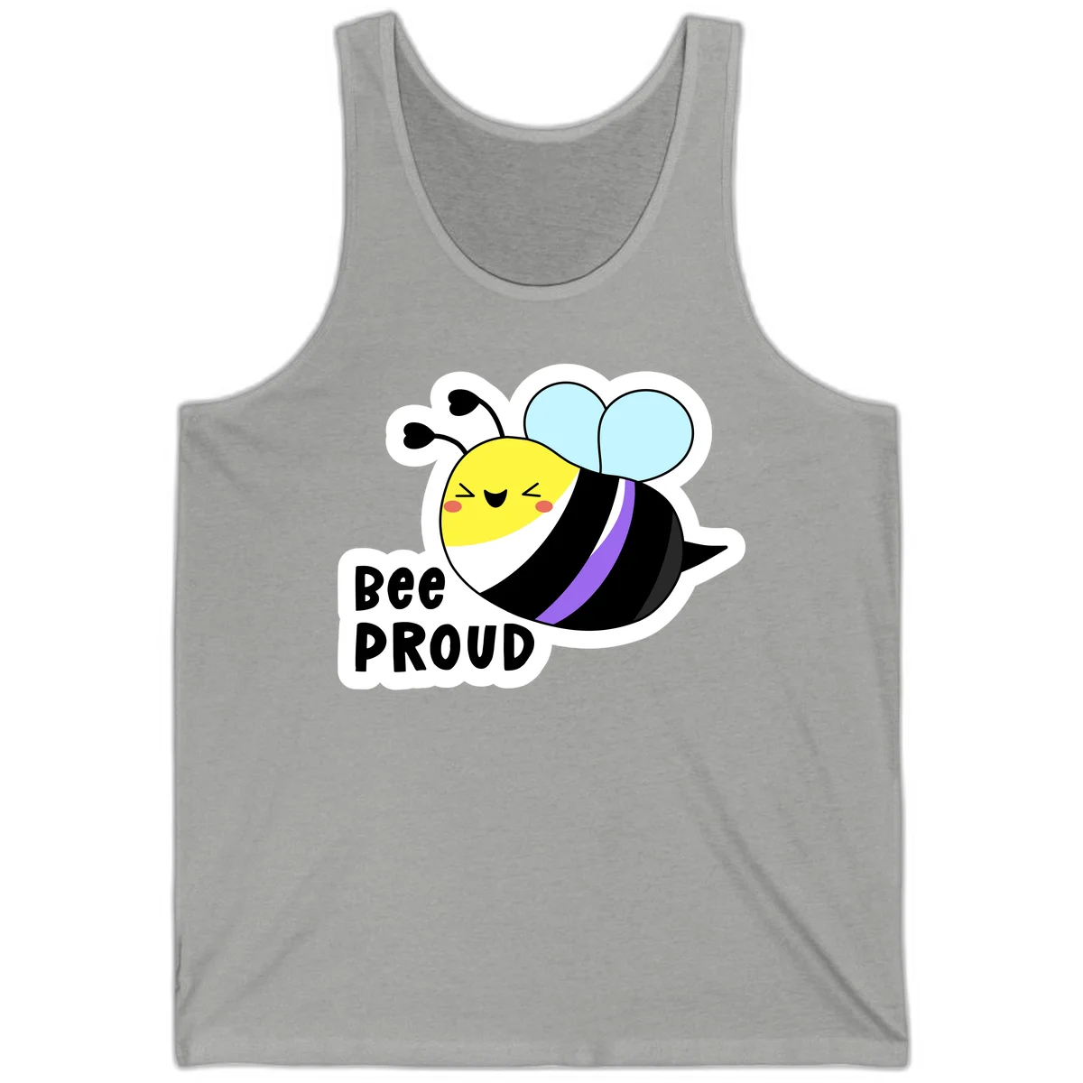 Cartoon bee with yellow head, purple-striped black body, and blue wings smiling happily with text 'BEE PROUD' below in Athletic Heather