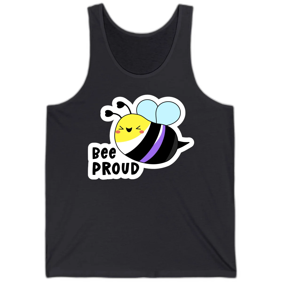 Cartoon bee with yellow head, purple-striped black body, and blue wings smiling happily with text 'BEE PROUD' below in Dark Grey