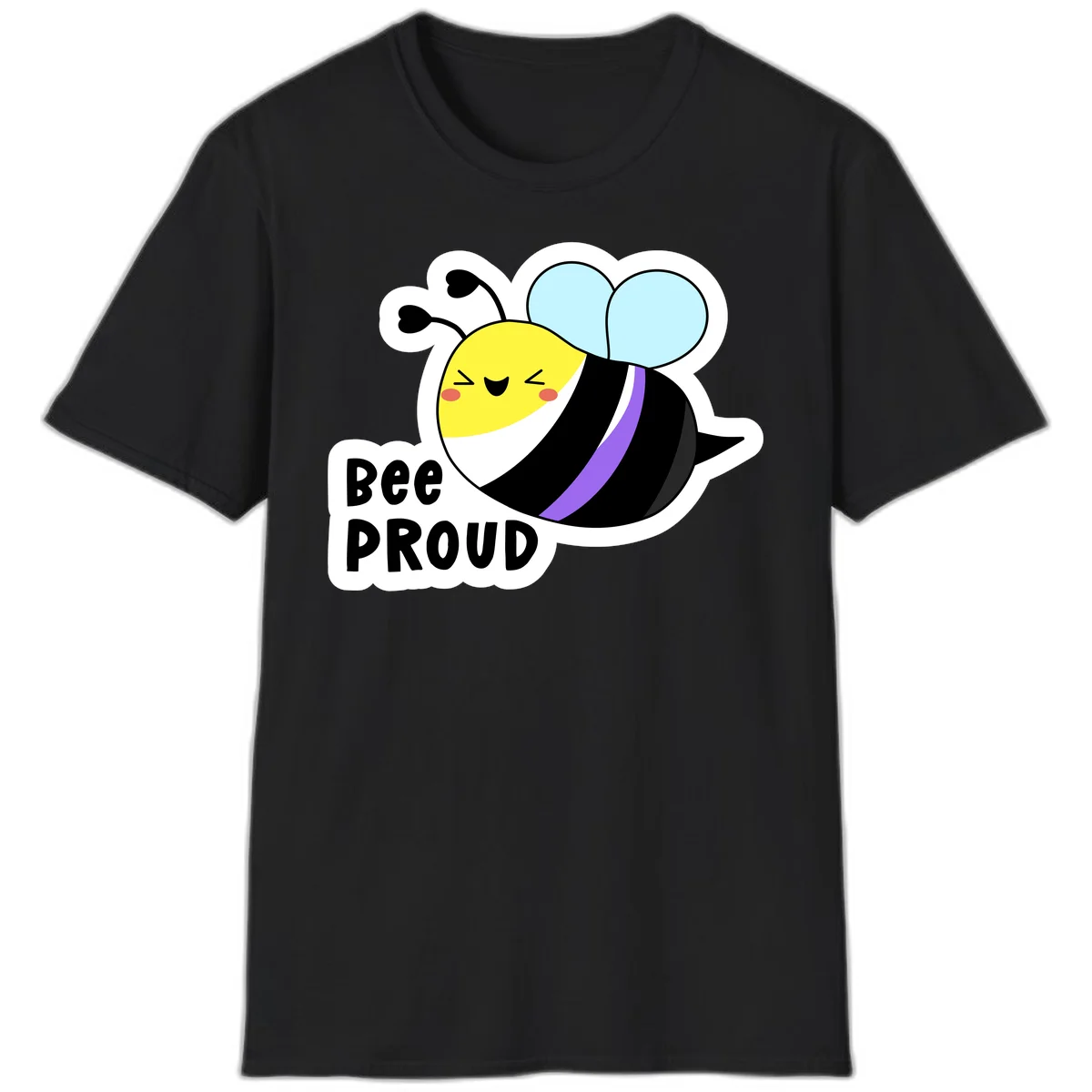 Cartoon bee with yellow head, purple-striped black body, and blue wings smiling happily with text 'BEE PROUD' below in Black