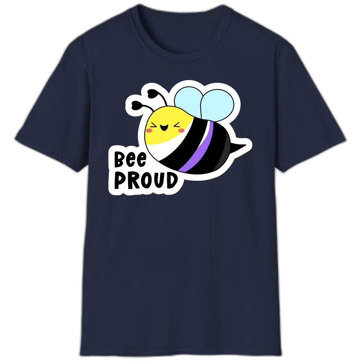 Cartoon bee with yellow head, purple-striped black body, and blue wings smiling happily with text 'BEE PROUD' below in Navy