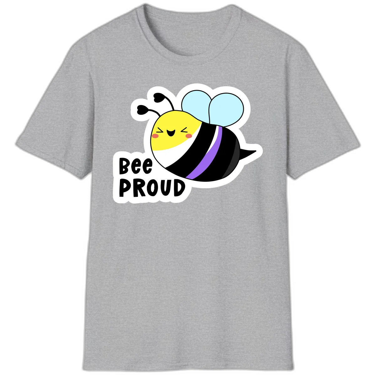 Cartoon bee with yellow head, purple-striped black body, and blue wings smiling happily with text 'BEE PROUD' below in Sport Grey