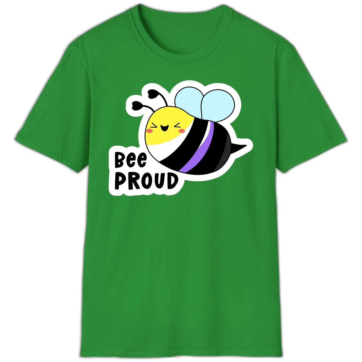 Cartoon bee with yellow head, purple-striped black body, and blue wings smiling happily with text 'BEE PROUD' below in Irish Green