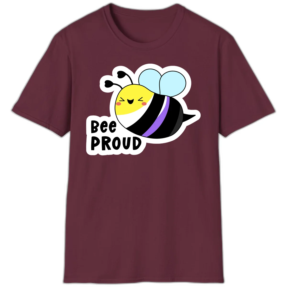 Cartoon bee with yellow head, purple-striped black body, and blue wings smiling happily with text 'BEE PROUD' below in Maroon