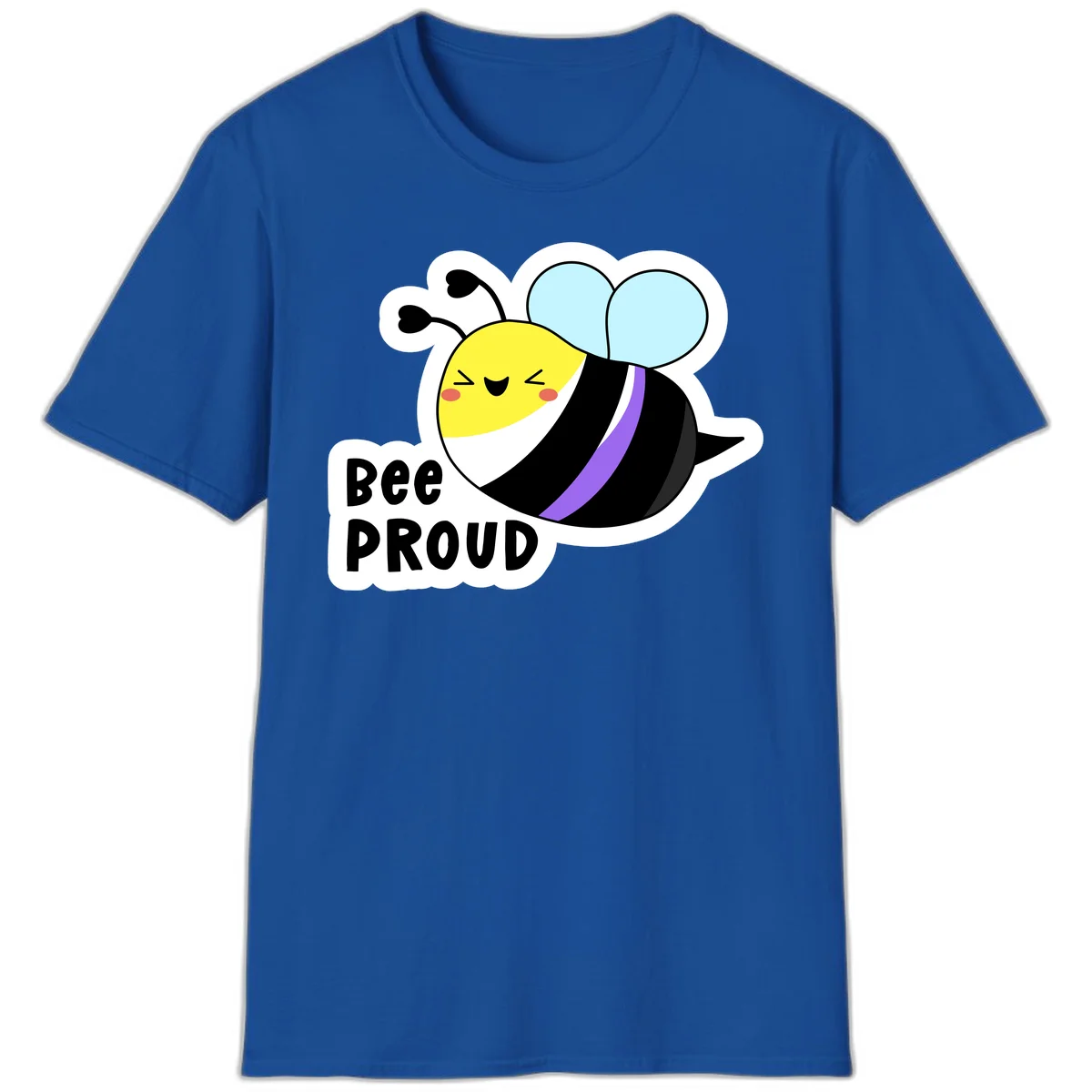 Cartoon bee with yellow head, purple-striped black body, and blue wings smiling happily with text 'BEE PROUD' below in Royal