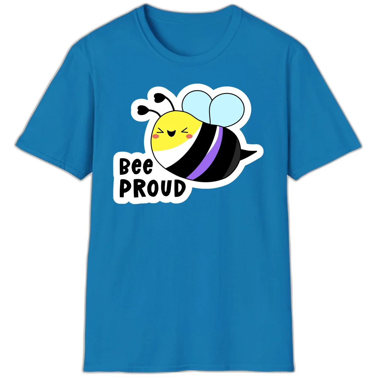 Cartoon bee with yellow head, purple-striped black body, and blue wings smiling happily with text 'BEE PROUD' below in Sapphire