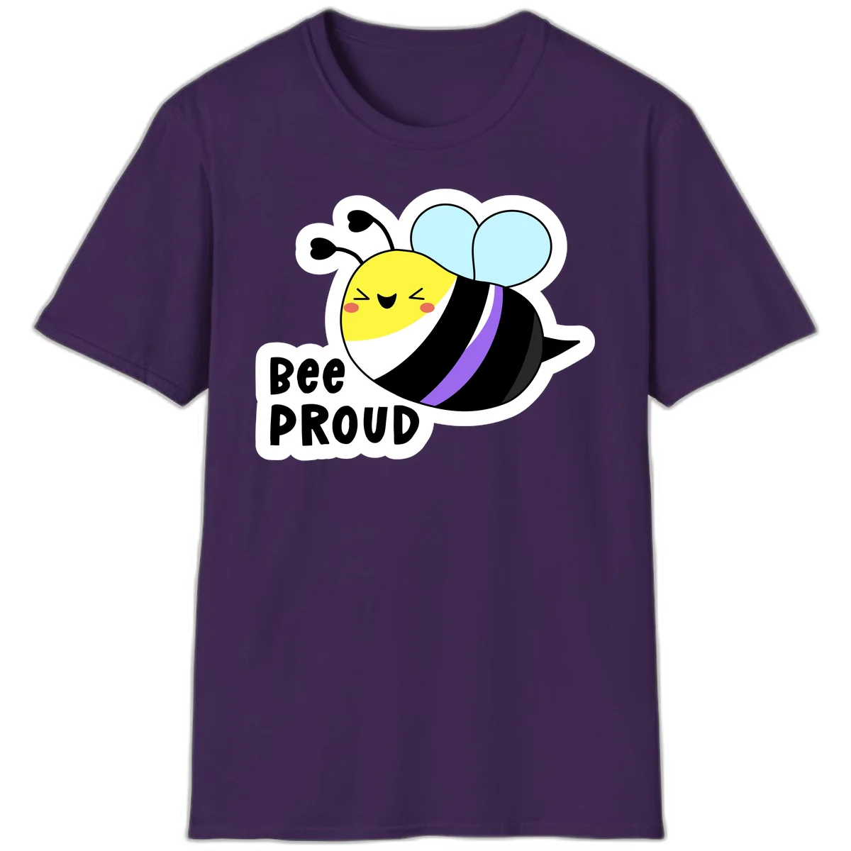 Cartoon bee with yellow head, purple-striped black body, and blue wings smiling happily with text 'BEE PROUD' below in Purple