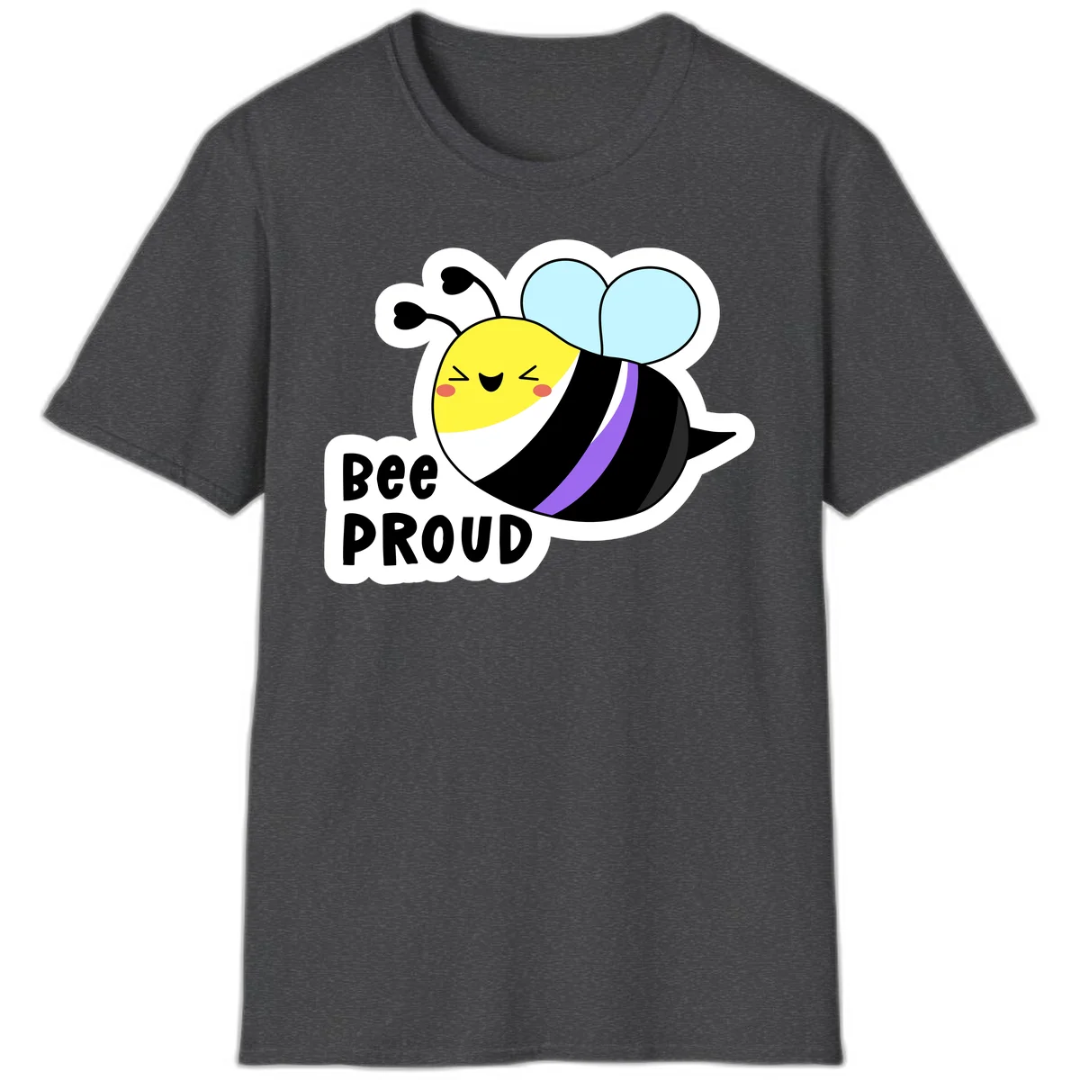 Cartoon bee with yellow head, purple-striped black body, and blue wings smiling happily with text 'BEE PROUD' below in Dark Heather