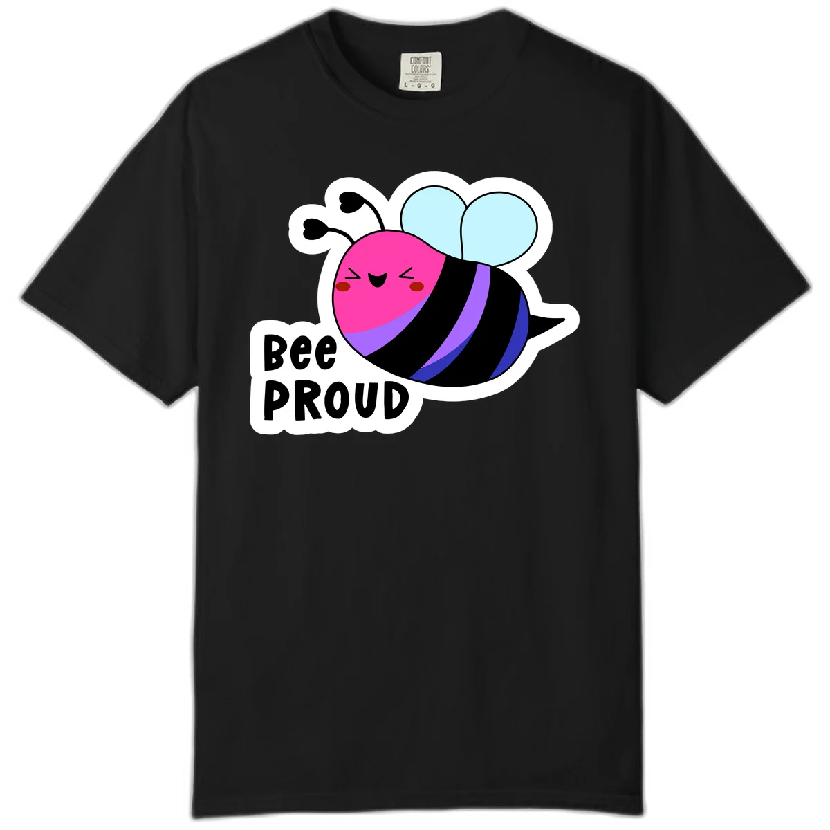 Colorful cartoon bee with pink head, rainbow-striped body, light blue wings, smiling face, and 'BEE PROUD' text in Black
