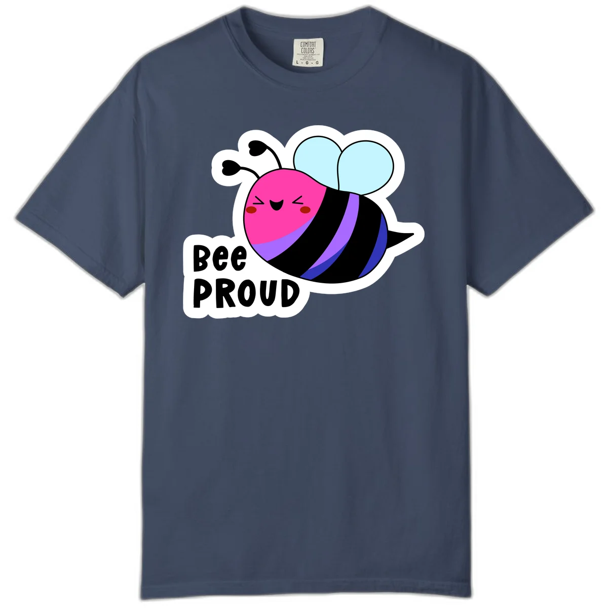 Colorful cartoon bee with pink head, rainbow-striped body, light blue wings, smiling face, and 'BEE PROUD' text in Midnight