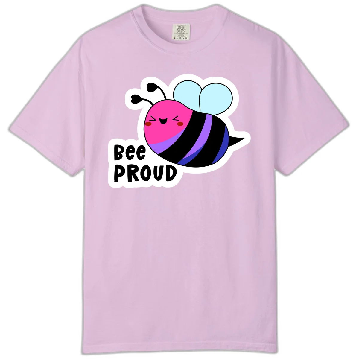 Colorful cartoon bee with pink head, rainbow-striped body, light blue wings, smiling face, and 'BEE PROUD' text in Orchid