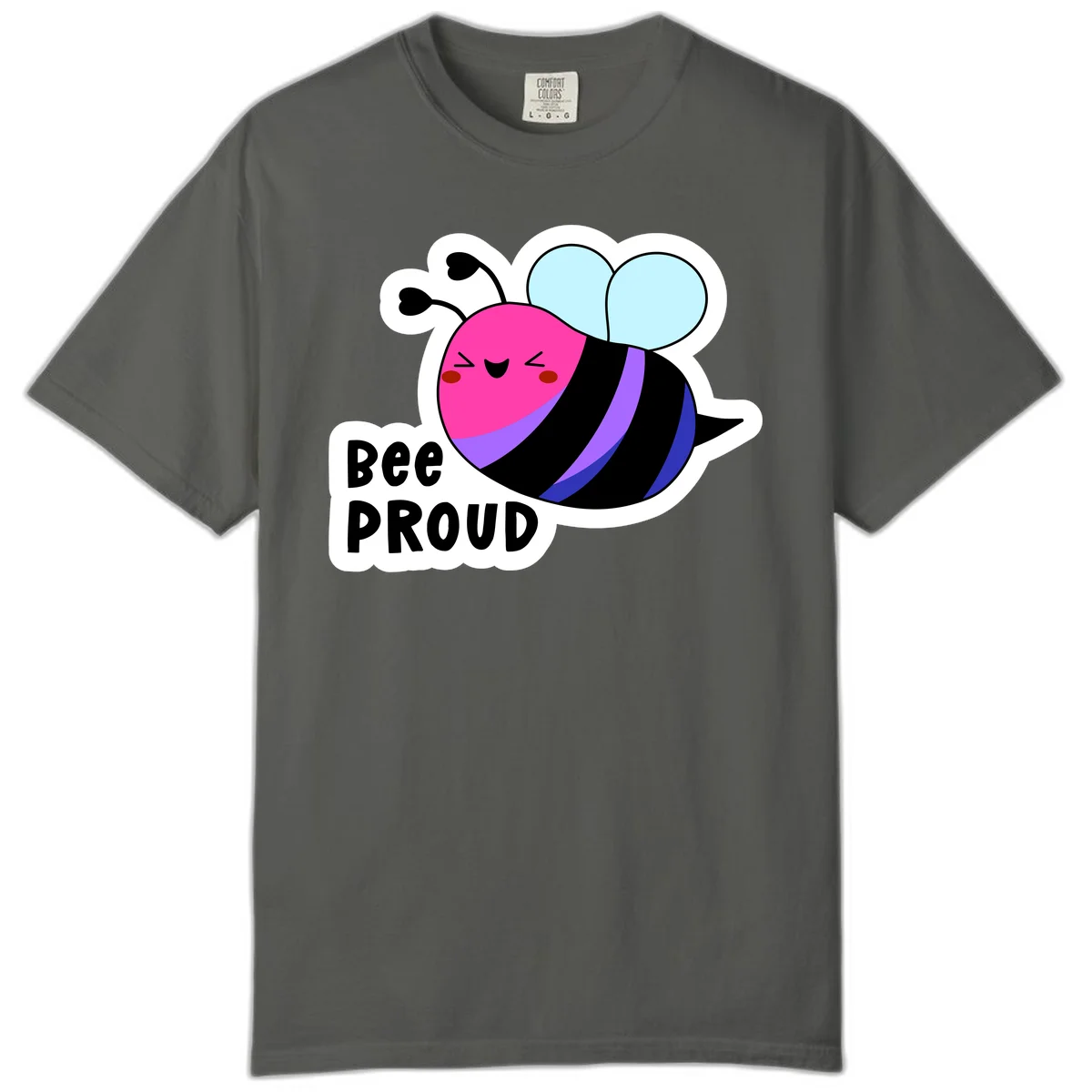 Colorful cartoon bee with pink head, rainbow-striped body, light blue wings, smiling face, and 'BEE PROUD' text in Pepper