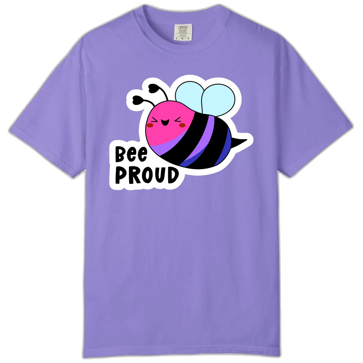 Colorful cartoon bee with pink head, rainbow-striped body, light blue wings, smiling face, and 'BEE PROUD' text in Violet