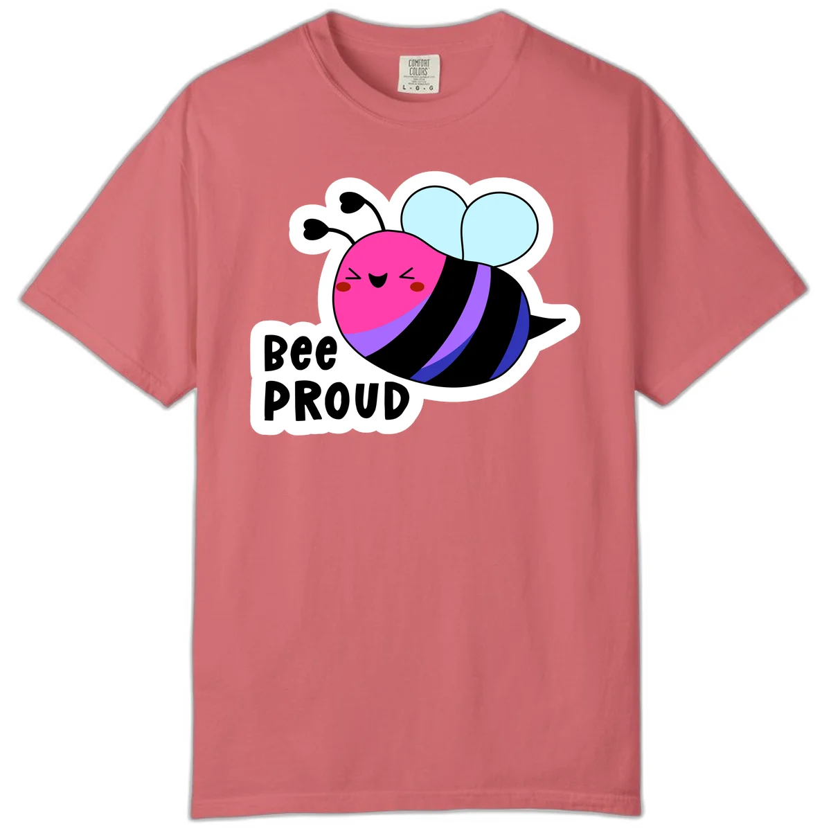 Colorful cartoon bee with pink head, rainbow-striped body, light blue wings, smiling face, and 'BEE PROUD' text in Watermelon