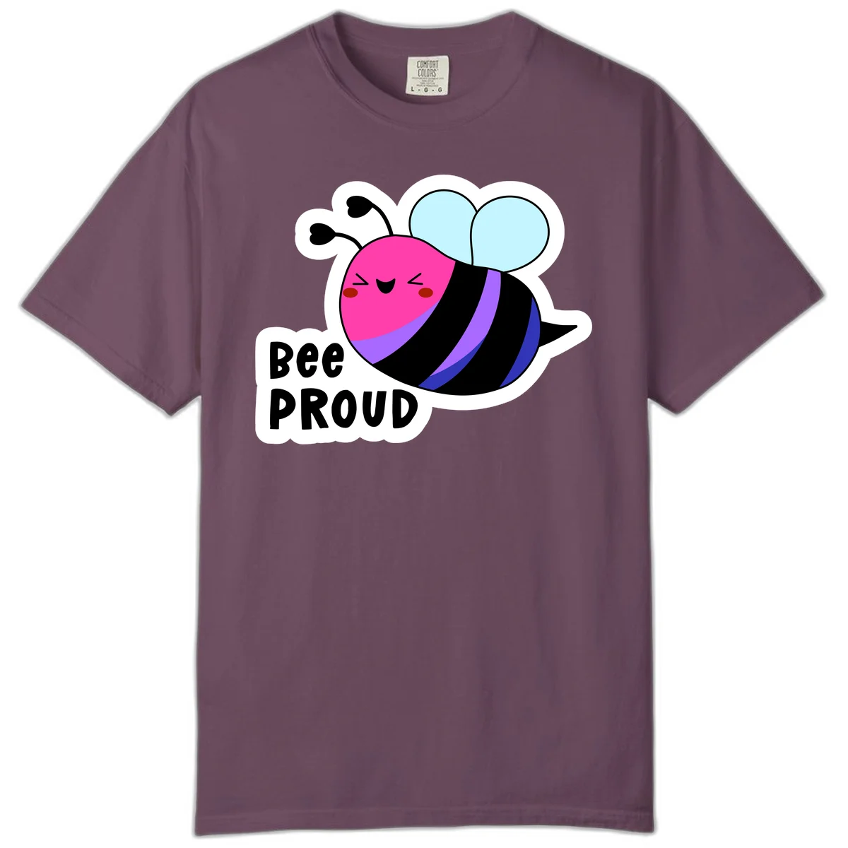 Colorful cartoon bee with pink head, rainbow-striped body, light blue wings, smiling face, and 'BEE PROUD' text in Berry