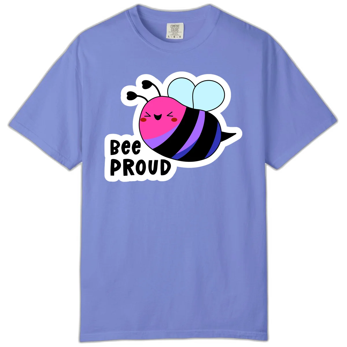 Colorful cartoon bee with pink head, rainbow-striped body, light blue wings, smiling face, and 'BEE PROUD' text in Flo Blue