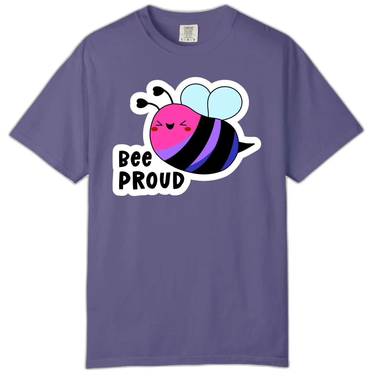 Colorful cartoon bee with pink head, rainbow-striped body, light blue wings, smiling face, and 'BEE PROUD' text in Grape