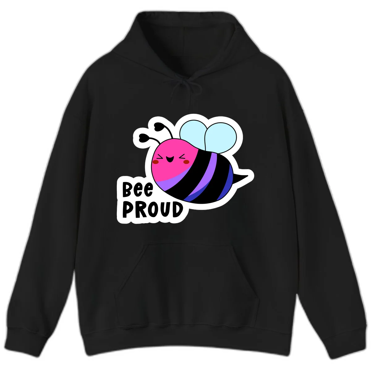 Colorful cartoon bee with pink head, rainbow-striped body, light blue wings, smiling face, and 'BEE PROUD' text in Black