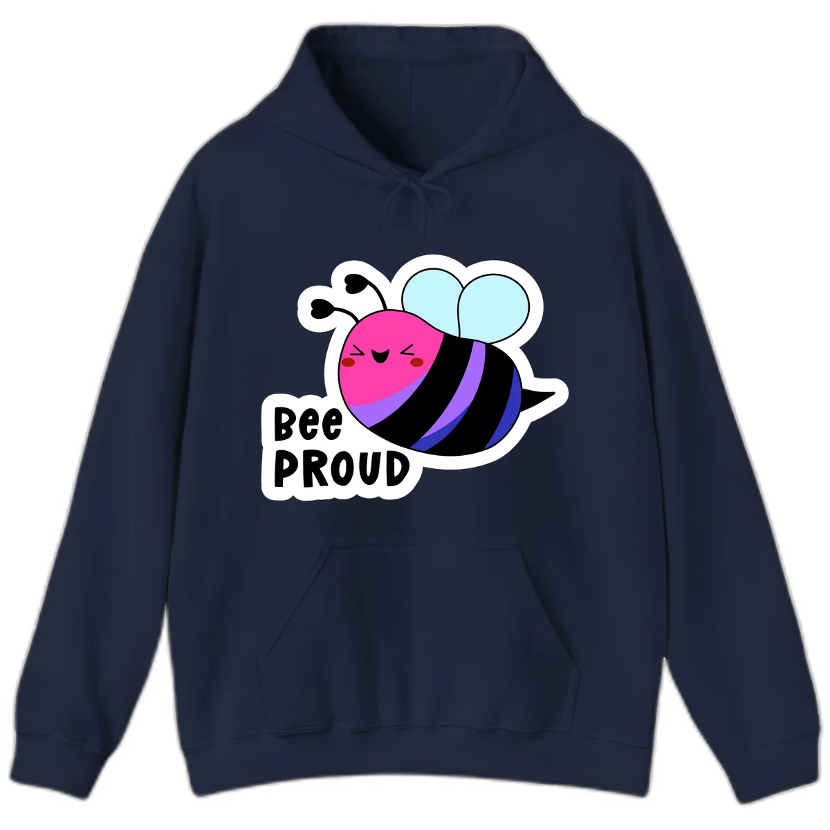 Colorful cartoon bee with pink head, rainbow-striped body, light blue wings, smiling face, and 'BEE PROUD' text in Navy