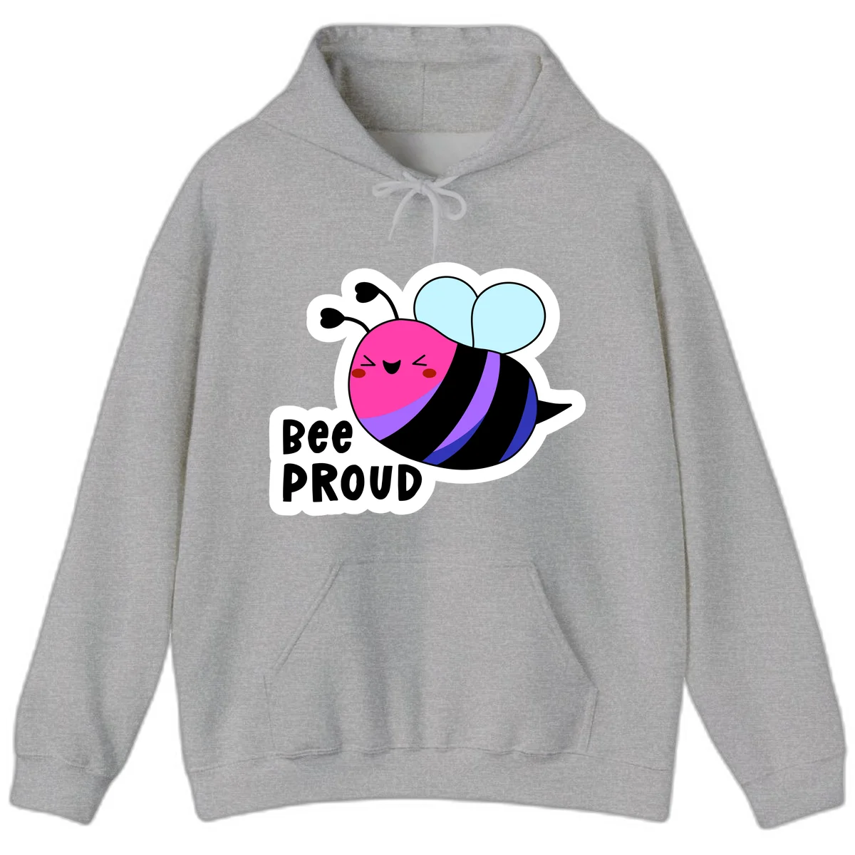 Colorful cartoon bee with pink head, rainbow-striped body, light blue wings, smiling face, and 'BEE PROUD' text in Sport Grey
