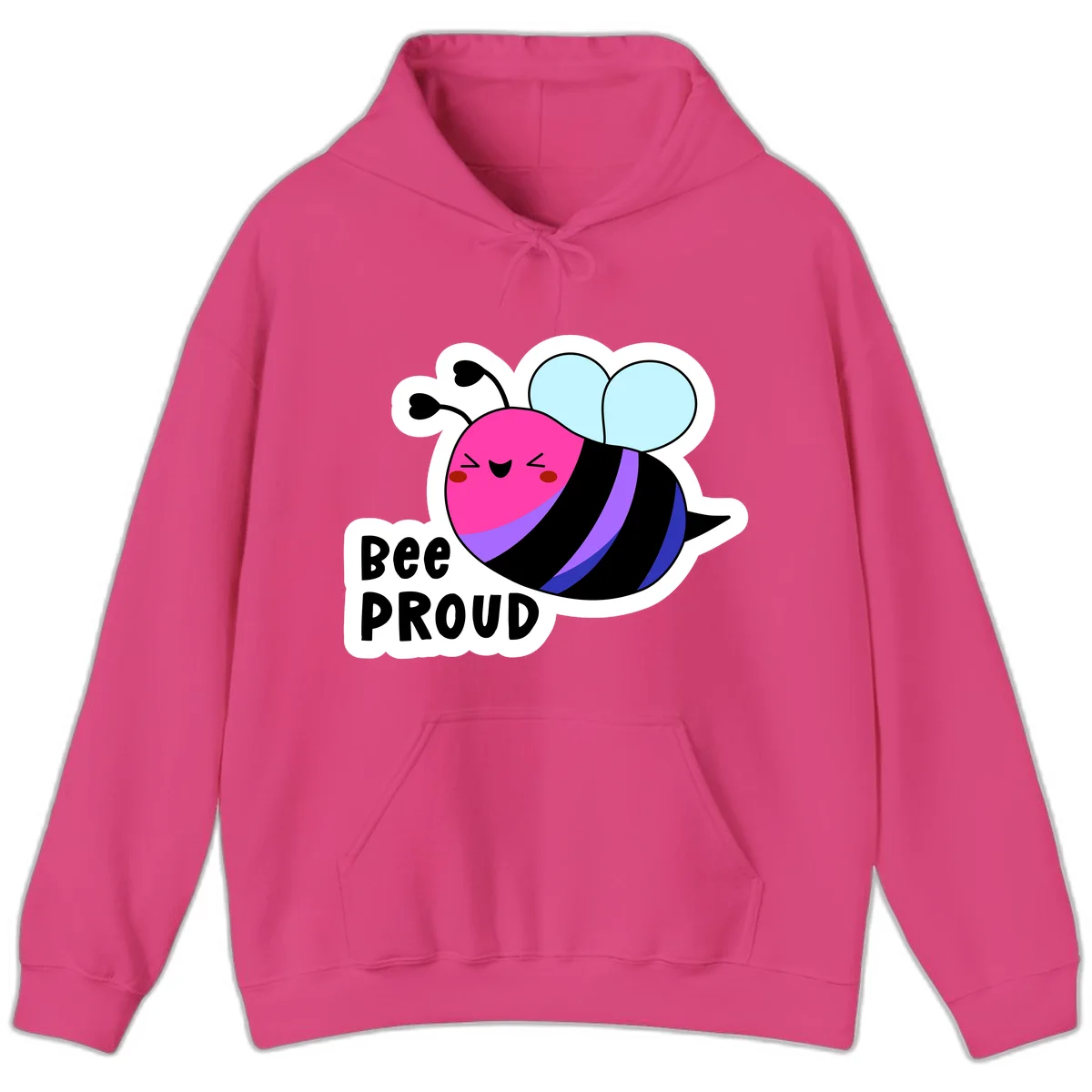 Colorful cartoon bee with pink head, rainbow-striped body, light blue wings, smiling face, and 'BEE PROUD' text in Heliconia