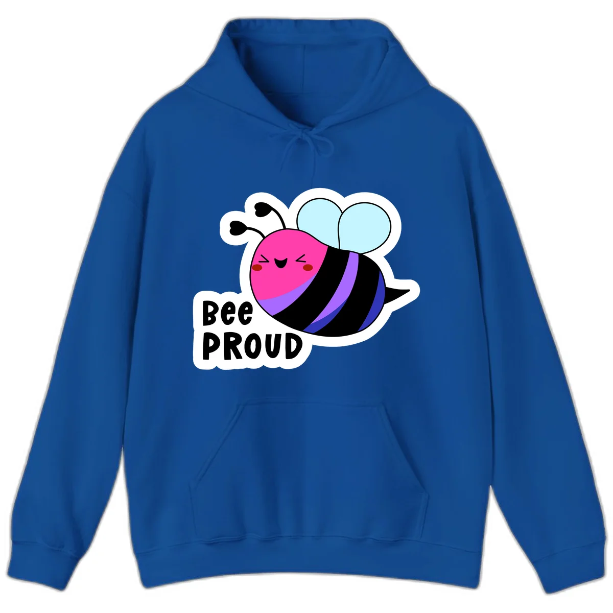 Colorful cartoon bee with pink head, rainbow-striped body, light blue wings, smiling face, and 'BEE PROUD' text in Royal