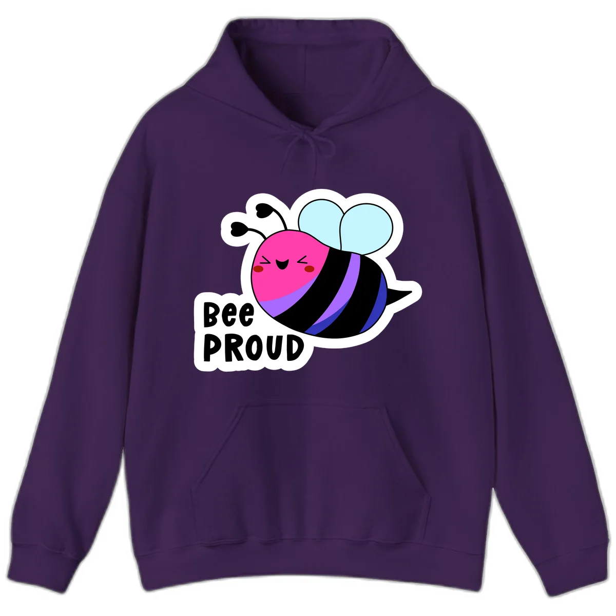 Colorful cartoon bee with pink head, rainbow-striped body, light blue wings, smiling face, and 'BEE PROUD' text in Purple