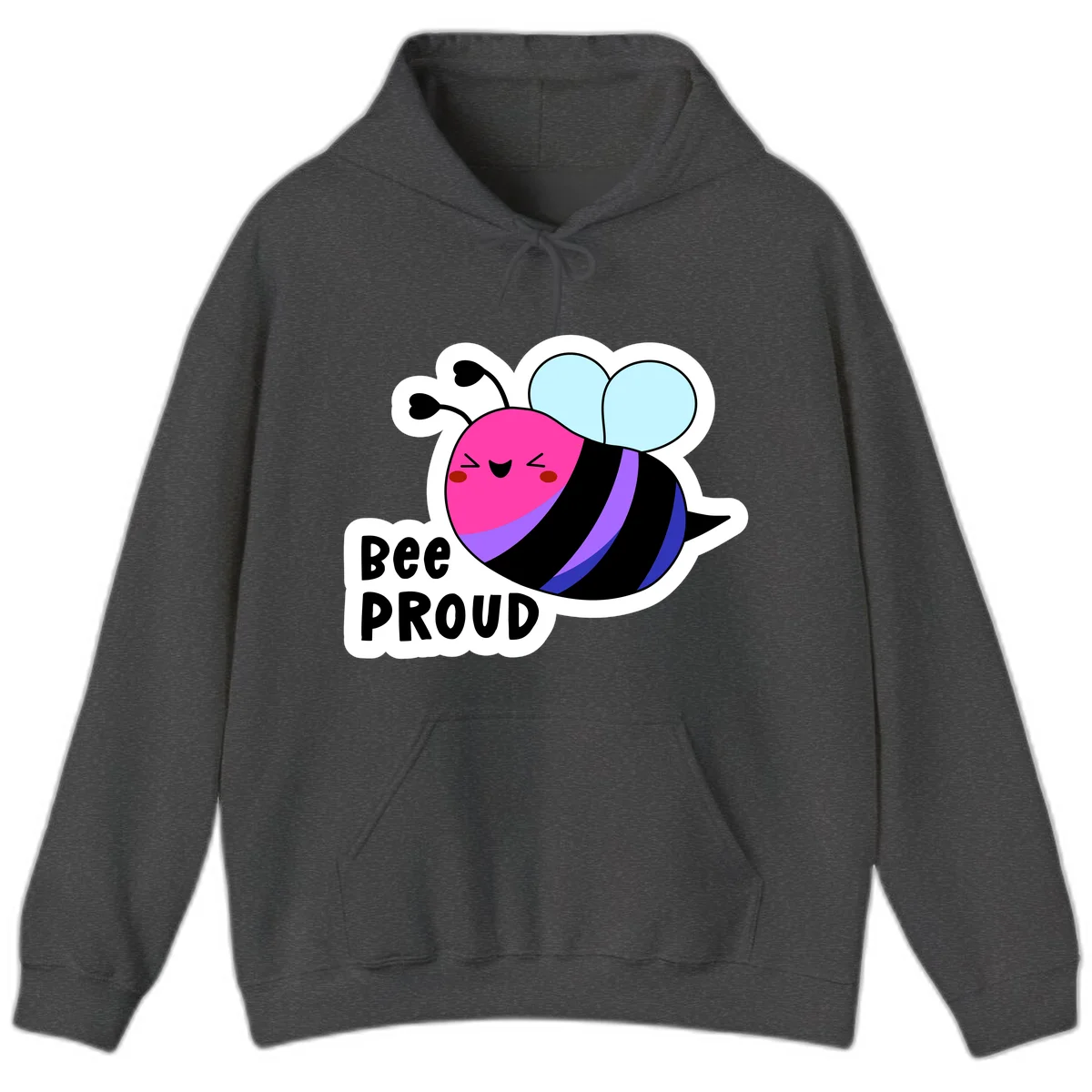 Colorful cartoon bee with pink head, rainbow-striped body, light blue wings, smiling face, and 'BEE PROUD' text in Dark Heather