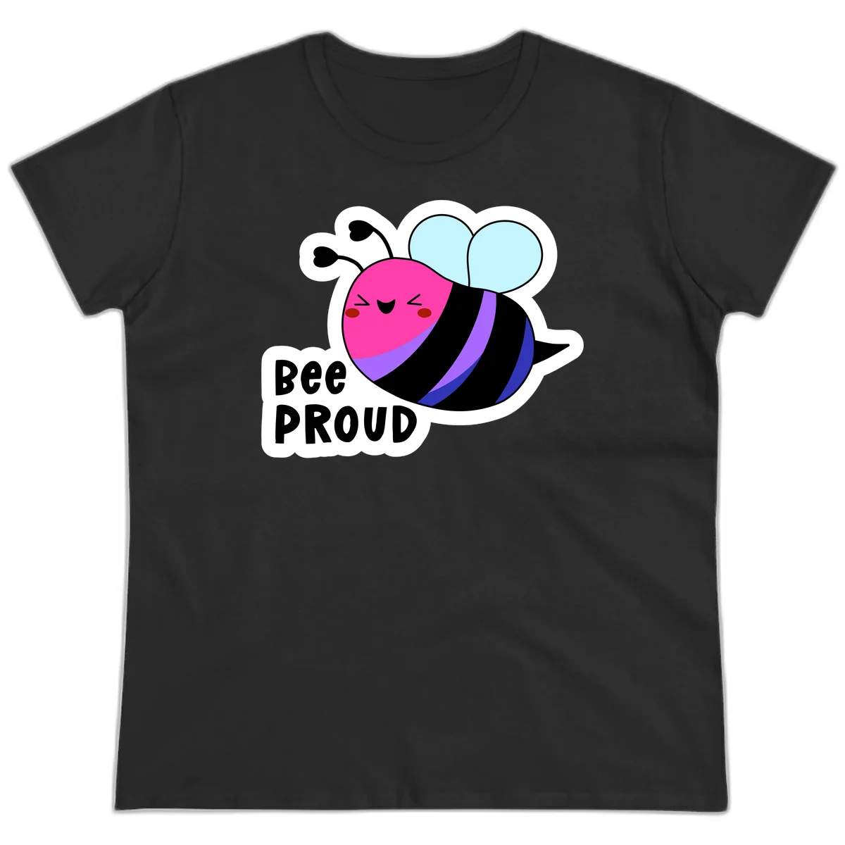 Colorful cartoon bee with pink head, rainbow-striped body, light blue wings, smiling face, and 'BEE PROUD' text in Black