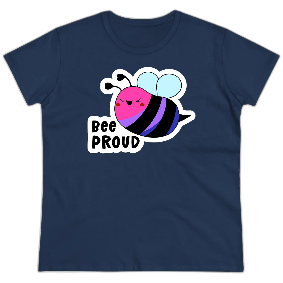Colorful cartoon bee with pink head, rainbow-striped body, light blue wings, smiling face, and 'BEE PROUD' text in Navy