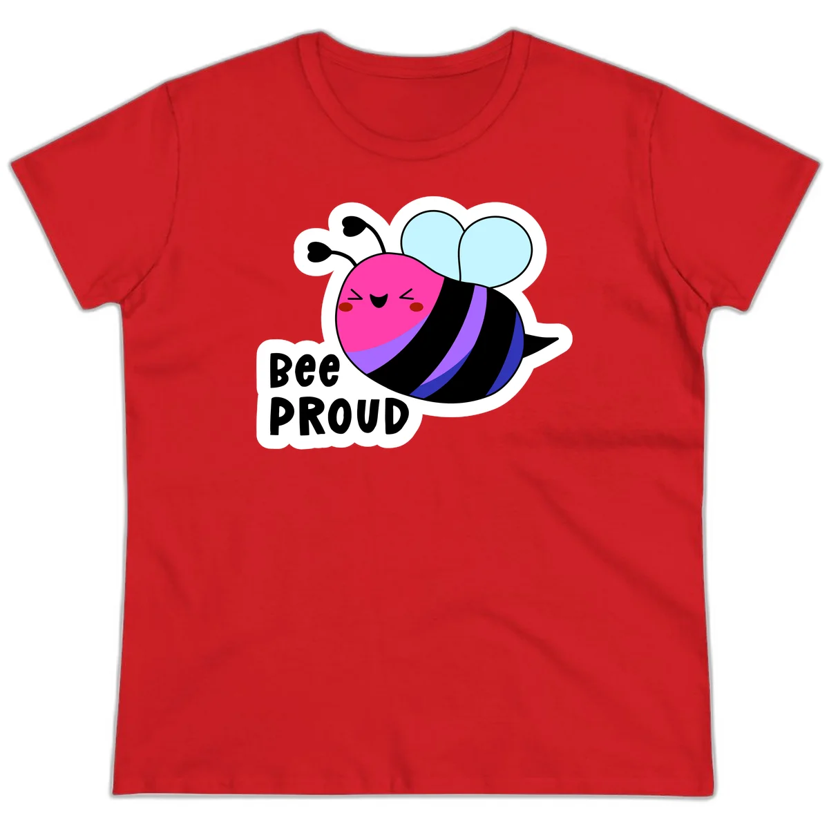 Colorful cartoon bee with pink head, rainbow-striped body, light blue wings, smiling face, and 'BEE PROUD' text in Red
