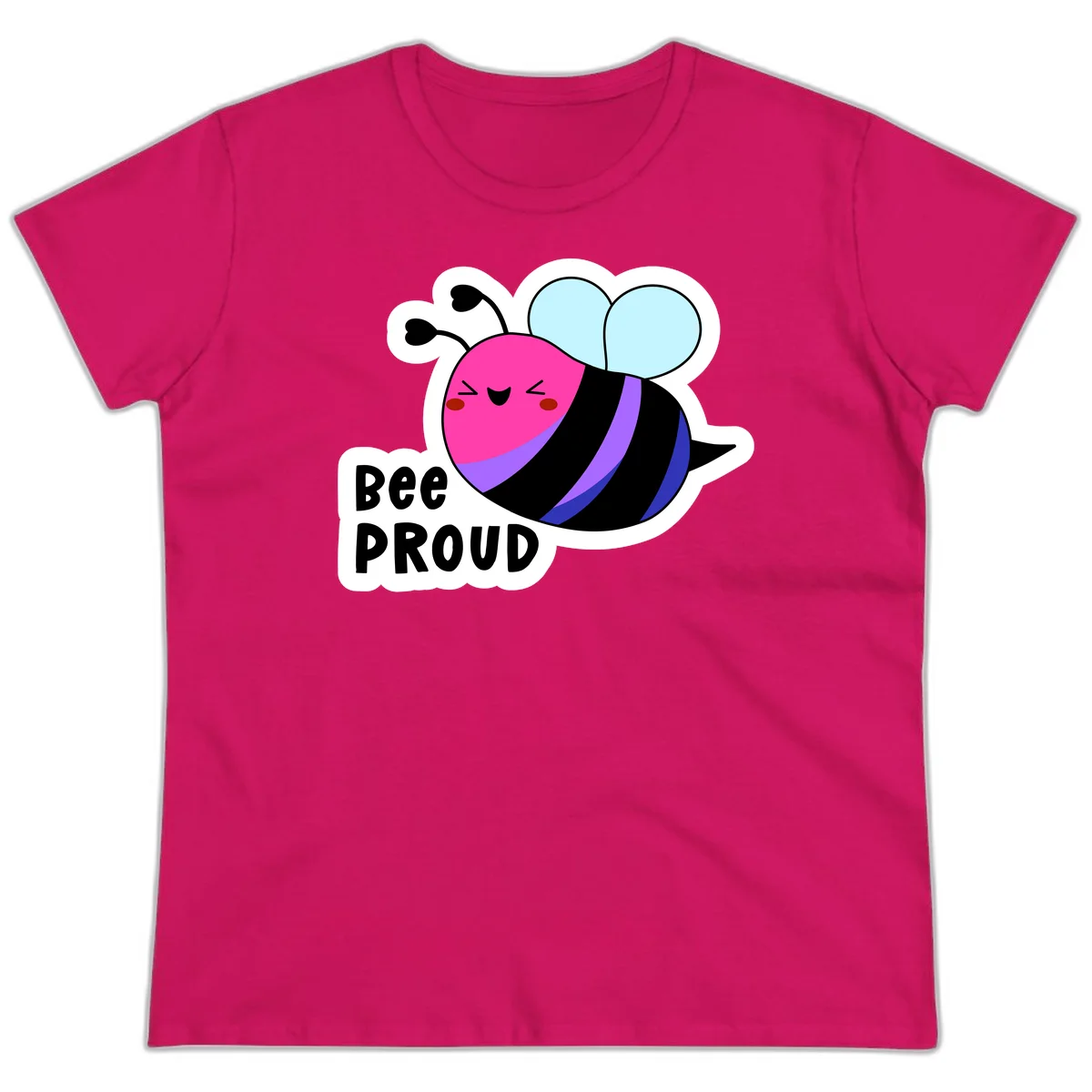 Colorful cartoon bee with pink head, rainbow-striped body, light blue wings, smiling face, and 'BEE PROUD' text in Heliconia