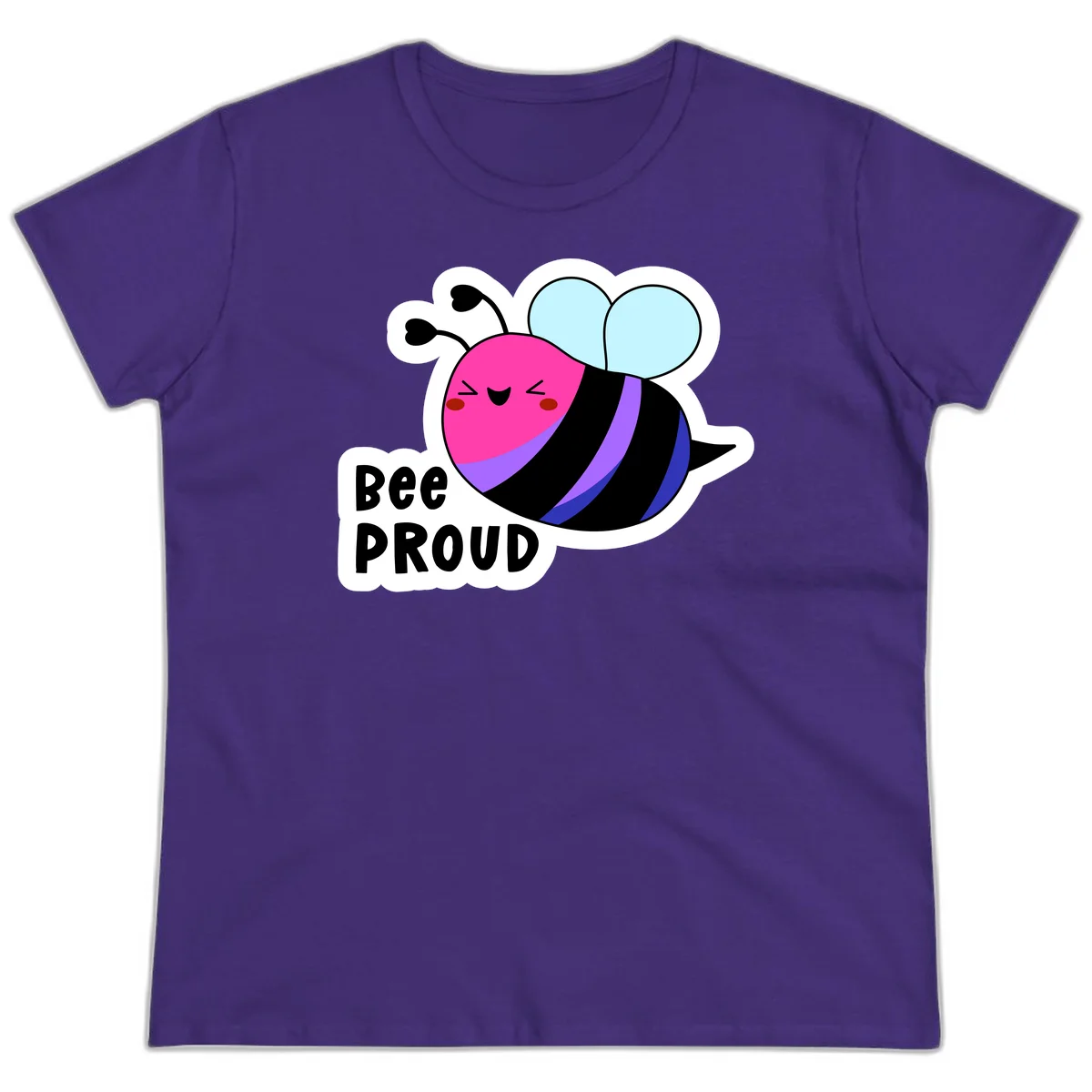 Colorful cartoon bee with pink head, rainbow-striped body, light blue wings, smiling face, and 'BEE PROUD' text in Purple