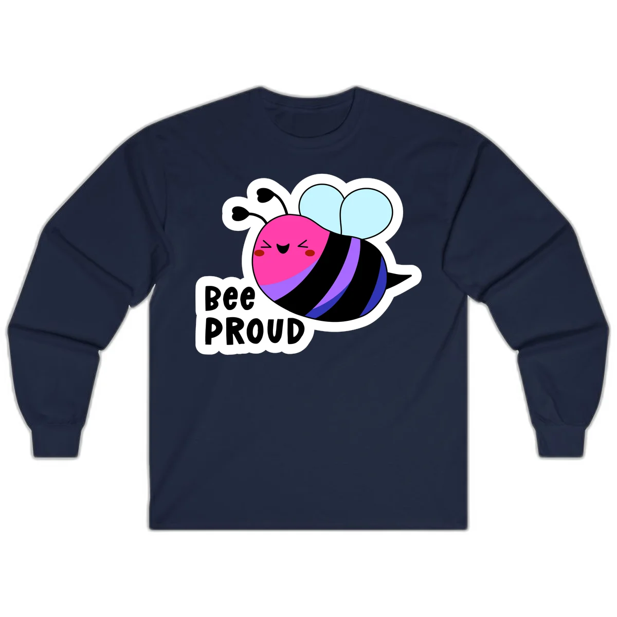 Colorful cartoon bee with pink head, rainbow-striped body, light blue wings, smiling face, and 'BEE PROUD' text in Navy