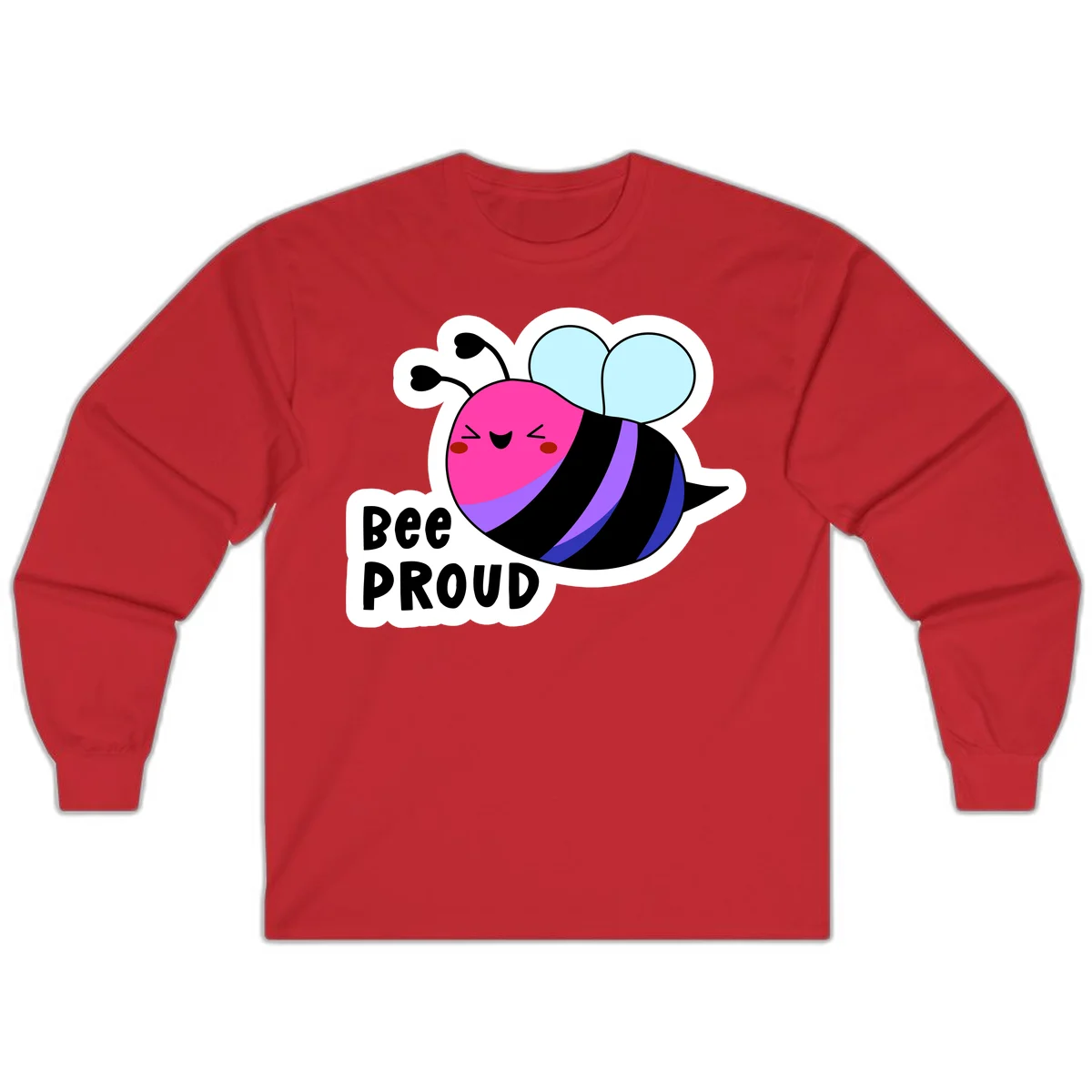 Colorful cartoon bee with pink head, rainbow-striped body, light blue wings, smiling face, and 'BEE PROUD' text in Red