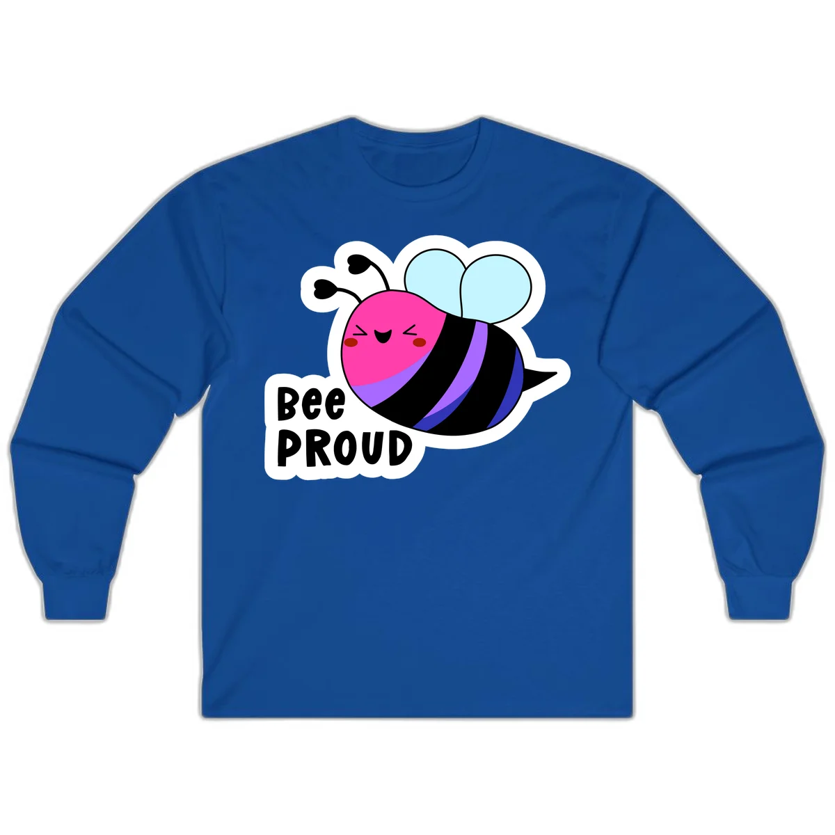Colorful cartoon bee with pink head, rainbow-striped body, light blue wings, smiling face, and 'BEE PROUD' text in Royal