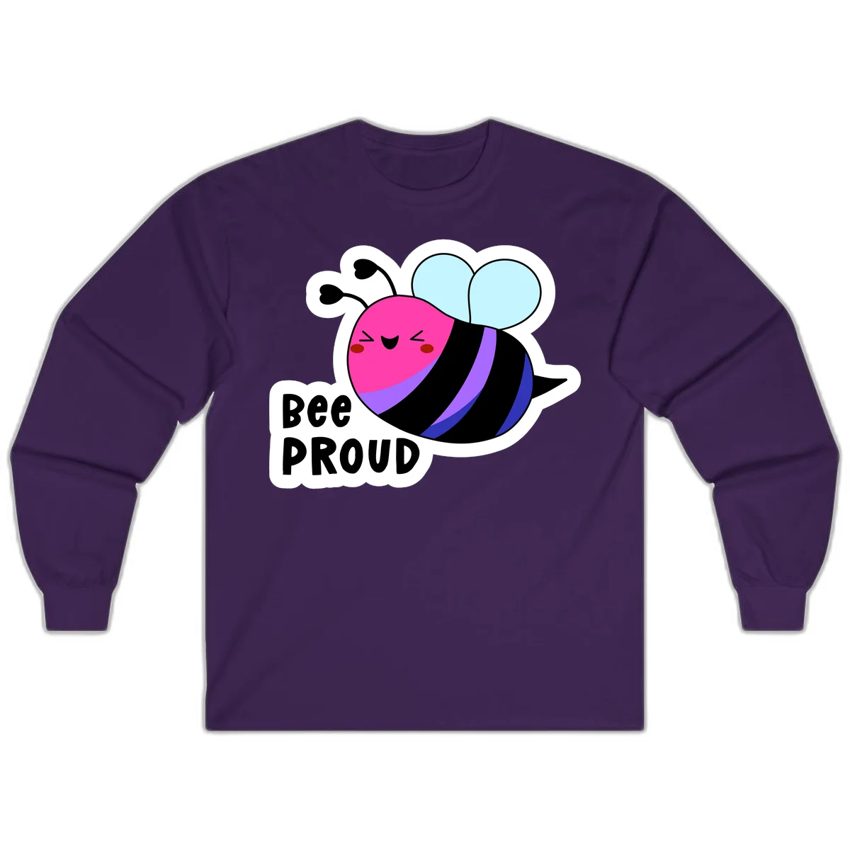 Colorful cartoon bee with pink head, rainbow-striped body, light blue wings, smiling face, and 'BEE PROUD' text in Purple