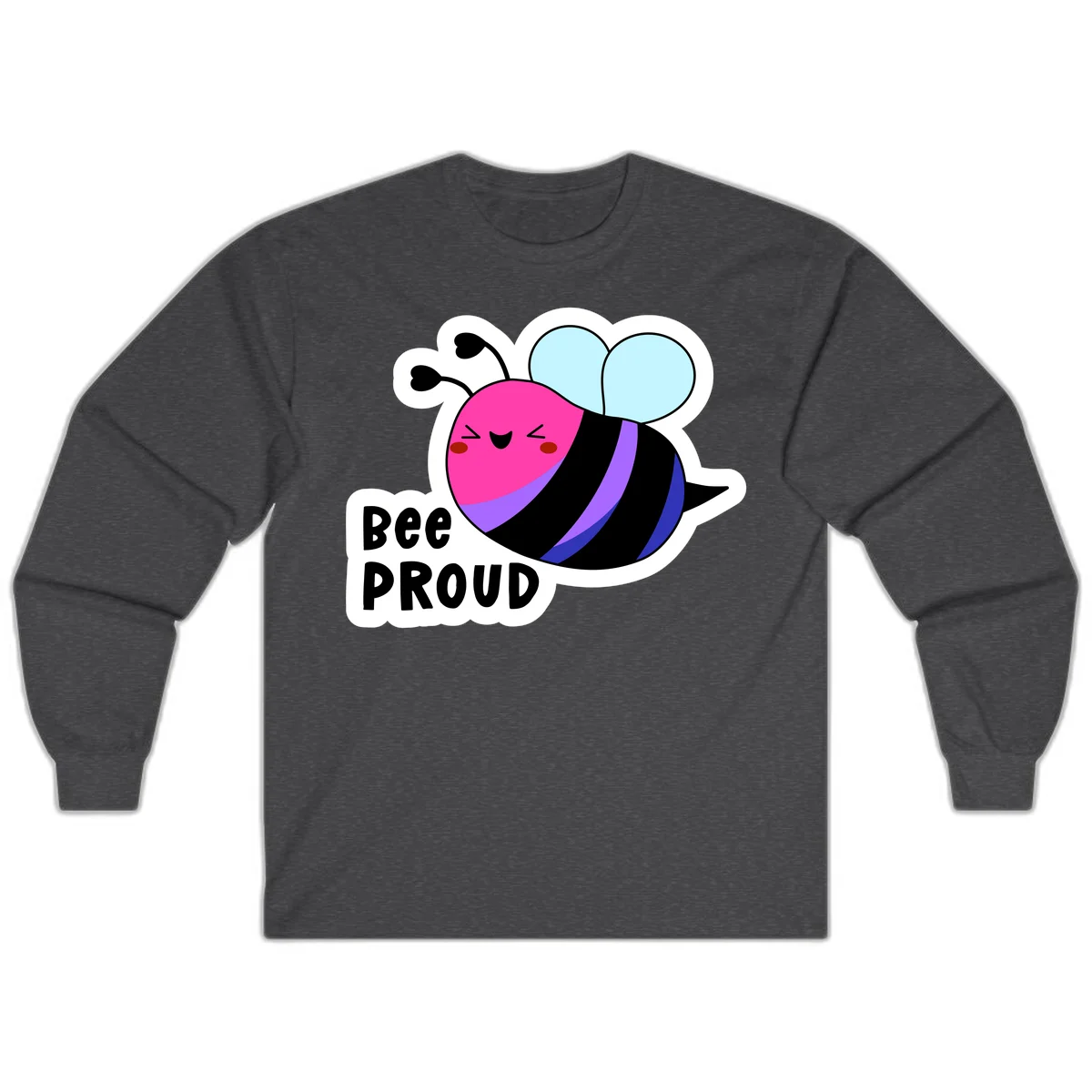Colorful cartoon bee with pink head, rainbow-striped body, light blue wings, smiling face, and 'BEE PROUD' text in Dark Heather