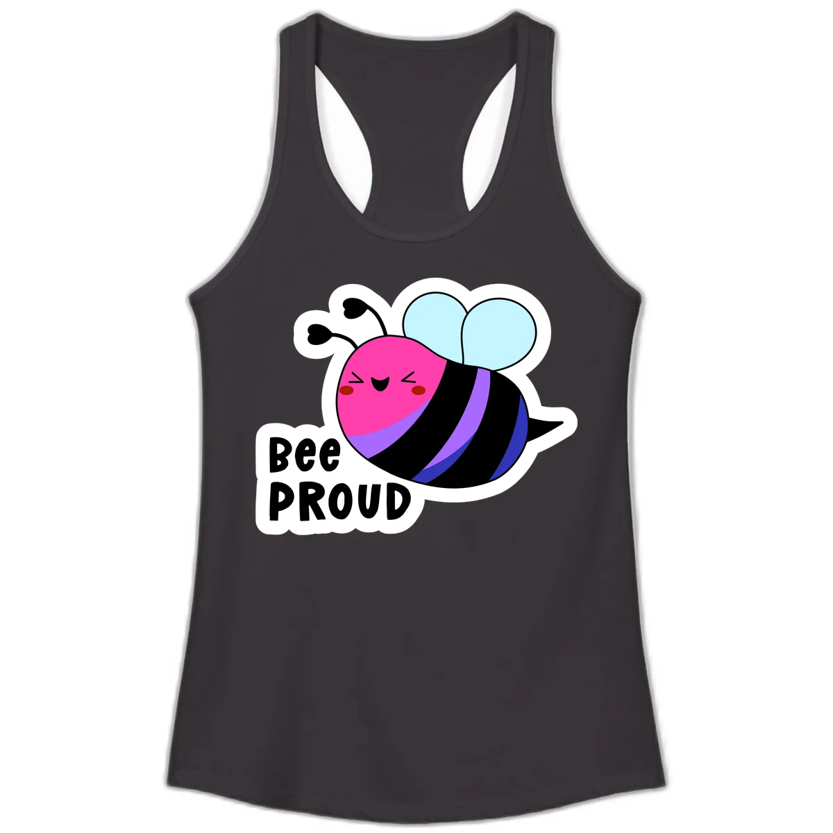 Colorful cartoon bee with pink head, rainbow-striped body, light blue wings, smiling face, and 'BEE PROUD' text in Black