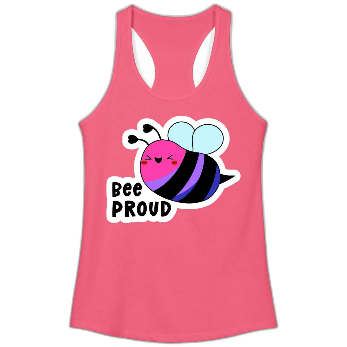 Colorful cartoon bee with pink head, rainbow-striped body, light blue wings, smiling face, and 'BEE PROUD' text in Hot Pink