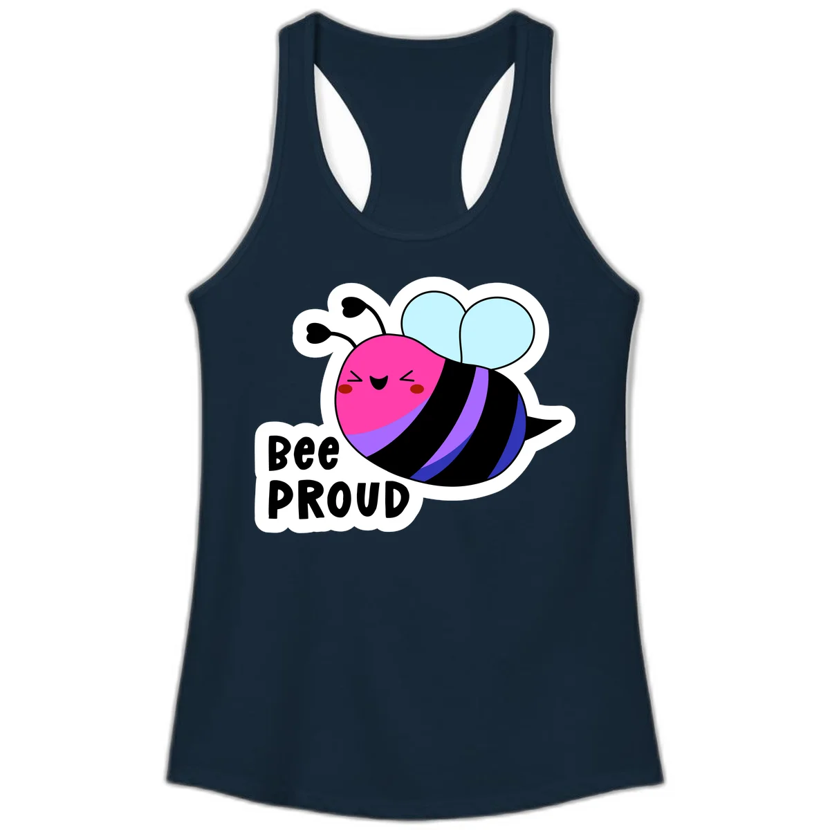 Colorful cartoon bee with pink head, rainbow-striped body, light blue wings, smiling face, and 'BEE PROUD' text in Solid Midnight Navy