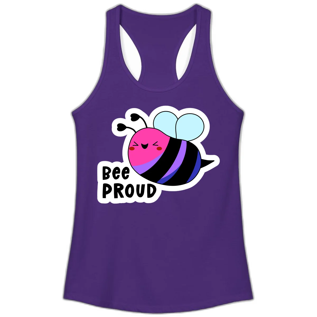 Colorful cartoon bee with pink head, rainbow-striped body, light blue wings, smiling face, and 'BEE PROUD' text in Solid Purple Rush