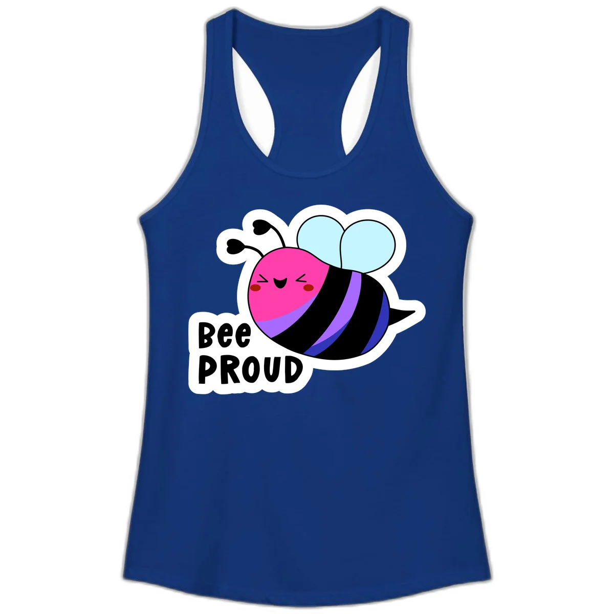 Colorful cartoon bee with pink head, rainbow-striped body, light blue wings, smiling face, and 'BEE PROUD' text in Solid Royal