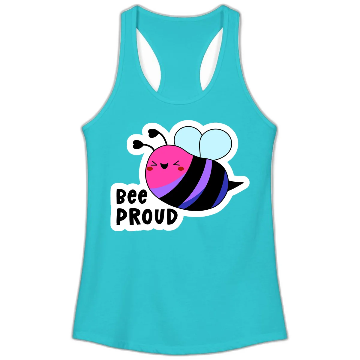 Colorful cartoon bee with pink head, rainbow-striped body, light blue wings, smiling face, and 'BEE PROUD' text in Solid Tahiti Blue