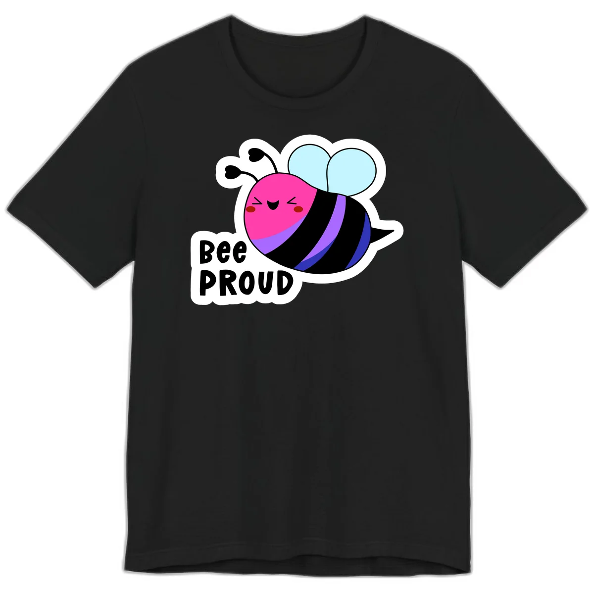 Colorful cartoon bee with pink head, rainbow-striped body, light blue wings, smiling face, and 'BEE PROUD' text in Black