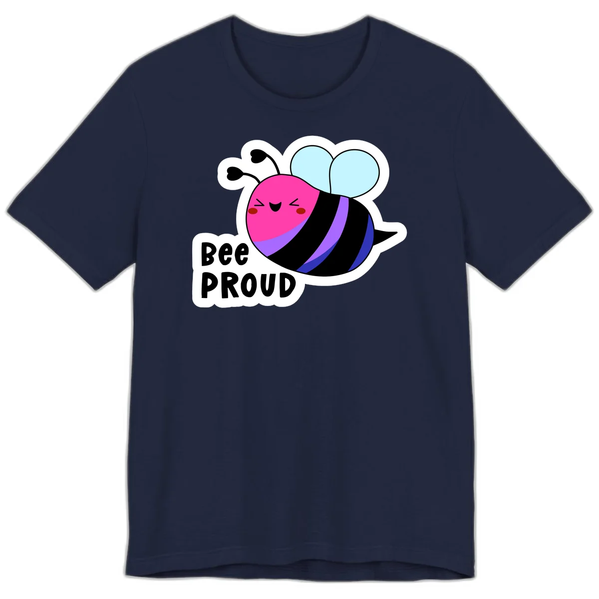 Colorful cartoon bee with pink head, rainbow-striped body, light blue wings, smiling face, and 'BEE PROUD' text in Navy
