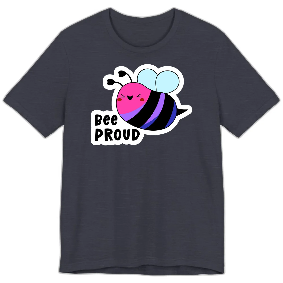 Colorful cartoon bee with pink head, rainbow-striped body, light blue wings, smiling face, and 'BEE PROUD' text in Heather Midnight Navy